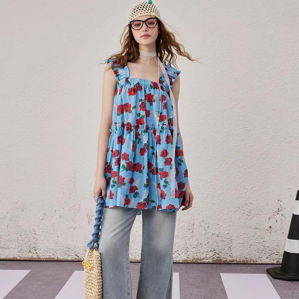 Dress Personalized Full Print Design Age-reducing Suspender Skirt Summer Vacation Style Loose Short Girl Dress Women