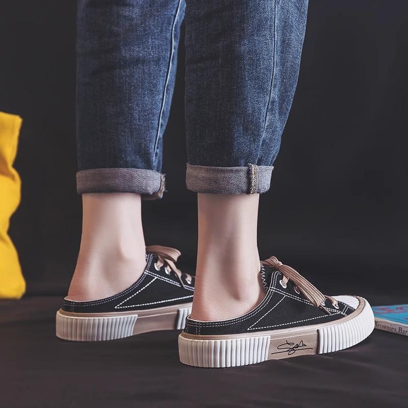 Super fire bag head half slippers women's outer wear 2025 summer new lazy thick-soled white canvas cool slippers sandals