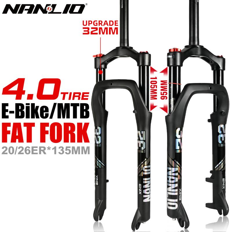 NANLIO Fat Bike Air Suspension Fork 20 26 Inch 4.0 Tire Snow MTB E-Bike Fork Oil Damping 32mm Stanchion 135x9mm