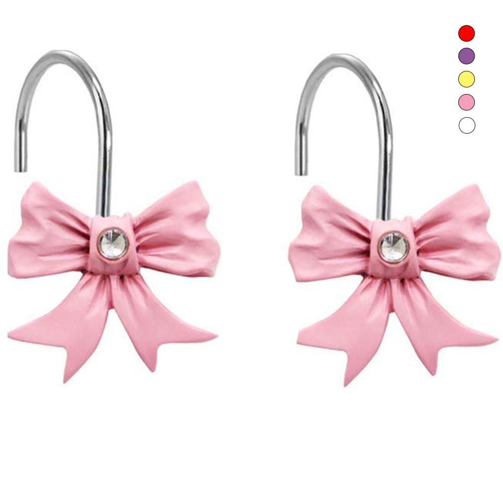 12PCS Set Durable Pink Bow Knot Hooks Resin Shower Rings Art Decors Pink Bathroom Decor  Bathroom