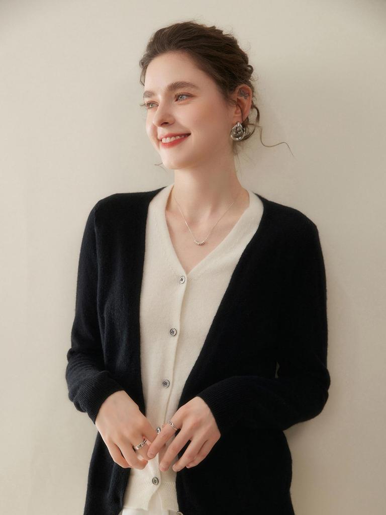 Women's V-Neck Colorblock Cashmere Cardigan Sweater - Loose Knit Autumn/Winter Top