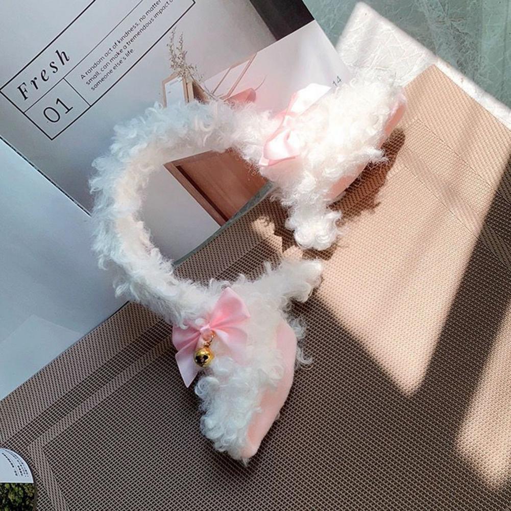 Obruč do vlasů Design ovčích uší Plyšová čelenka Bowknot Bell Decor Bílá čelenka do vlasů Příslušenství na mytí make-upu