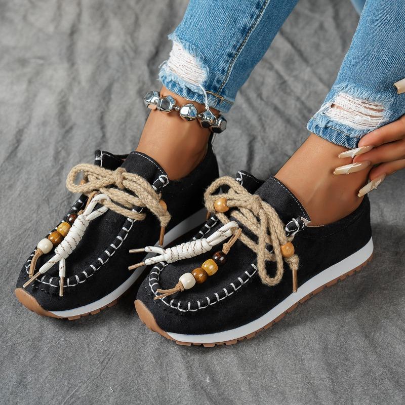 Women's Single Shoes, Loafers, New Large-sized Front Lace-up Bean Shoes