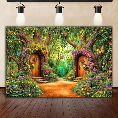 Fairy Tale Fantasy Forest Wonderland Magic House Banner Background, Natural Jungle Children Birthday Party Photography Backdrop