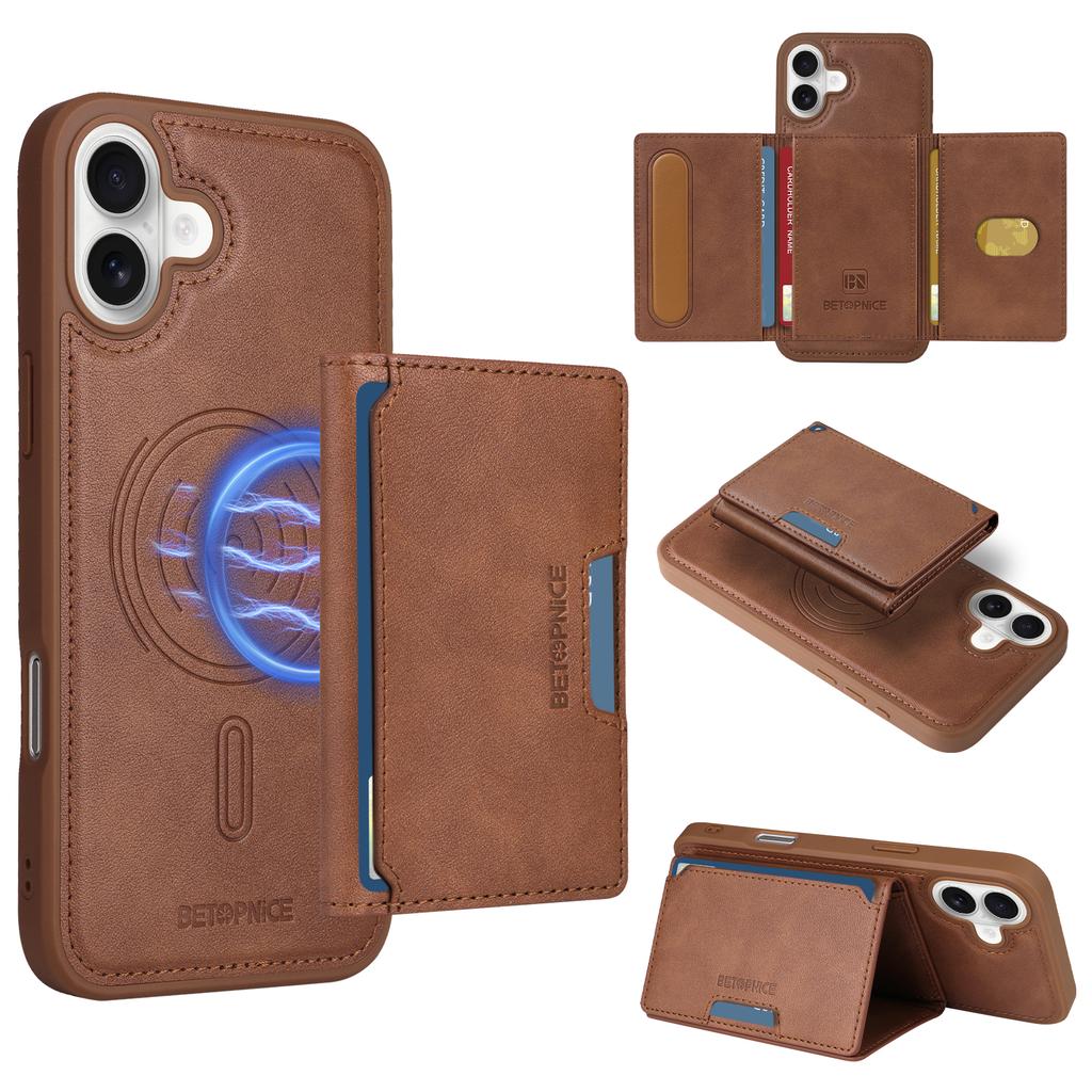 For iPhone 16 Plus Magnetic Case BETOPNICE Leather Phone Cover Kickstand with Detachable Card Bag