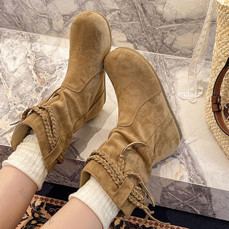 Fashion Short Boots Women's 2025 Autumn New Vintage Suede Casual Botas for Women Solid Tassel Flat Bottom Females Shoes Solid Botines