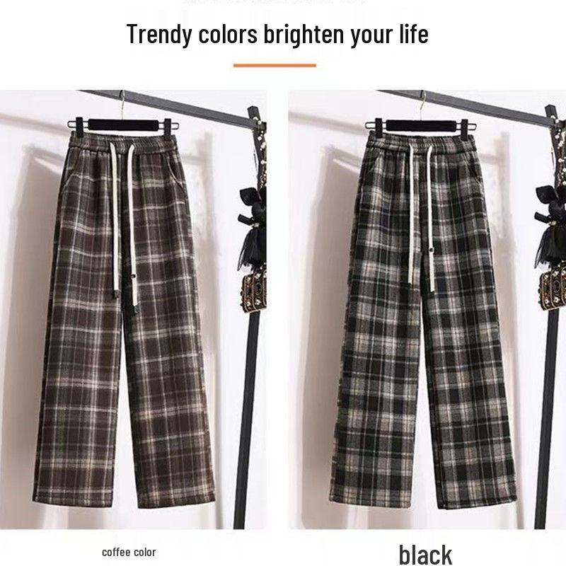 Plus Size High-Waisted Plaid Wide-Leg Pants: Fleece-Lined or Unlined, Autumn/Winter Edition