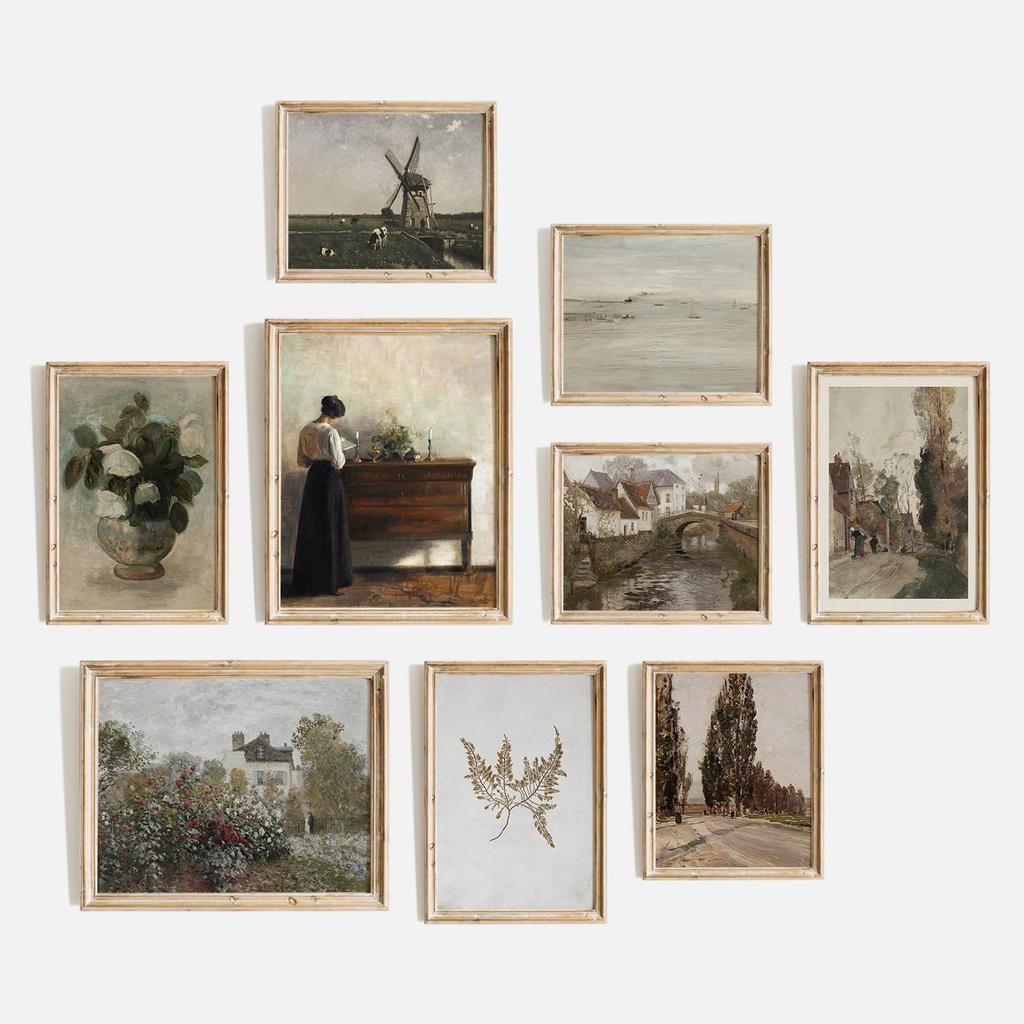 TheCanvas Vintage Wall Art Prints Set of 9, Eclectic Nature Wall Art for Living Room, French Country Landscape Painting, Gallery Wall Decor for