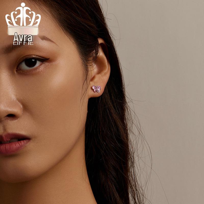 Aifle Sterling Silver S925 Pink Butterfly Earrings with Platinum-Plated Oil-Drop Design