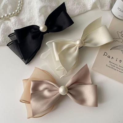 Korean Black Satin Bow Duckbill Clip with Pearls - Elegant Small-Style Hairpin for Side Bangs