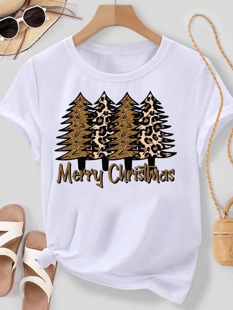 (Asian Size) Merry Christmas New Year Women's Top T Tee Festival O-neck Plaid Tree Style Clothing Print Fashion Ladies Graphic T-shirts