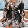 Women's V Neck Three Quarter Sleeve Mini Dress Slim Fit Mid Waist Vintage Paisley Print Chiffon Sundress