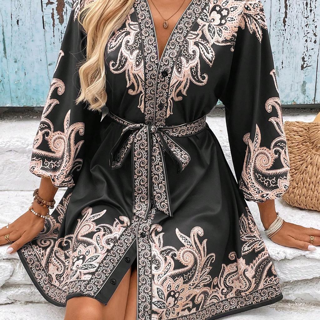 Women's V Neck Three Quarter Sleeve Mini Dress Slim Fit Mid Waist Vintage Paisley Print Chiffon Sundress