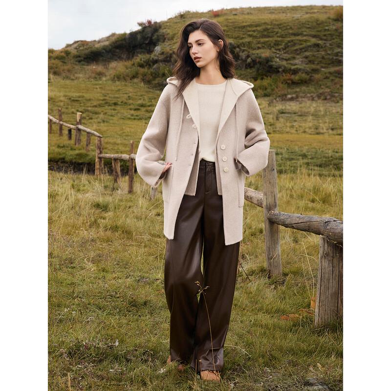 ELLE Women's French Merino Wool Hooded Mid-Length Coat