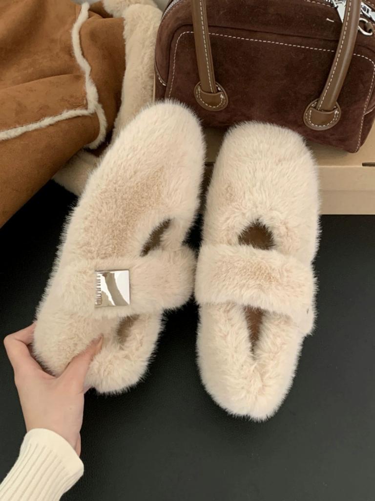 One word with round head fleece beanie shoes women's flat bottom winter fleece warm fluffy shoes women
