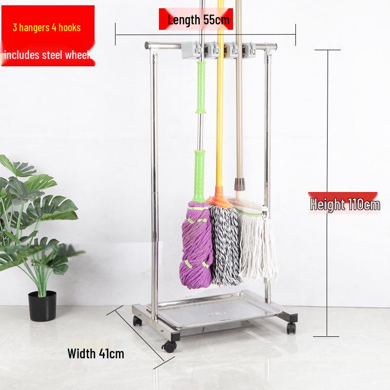 Stainless Steel Floor-standing Mop and Broom Rack with Balcony Storage