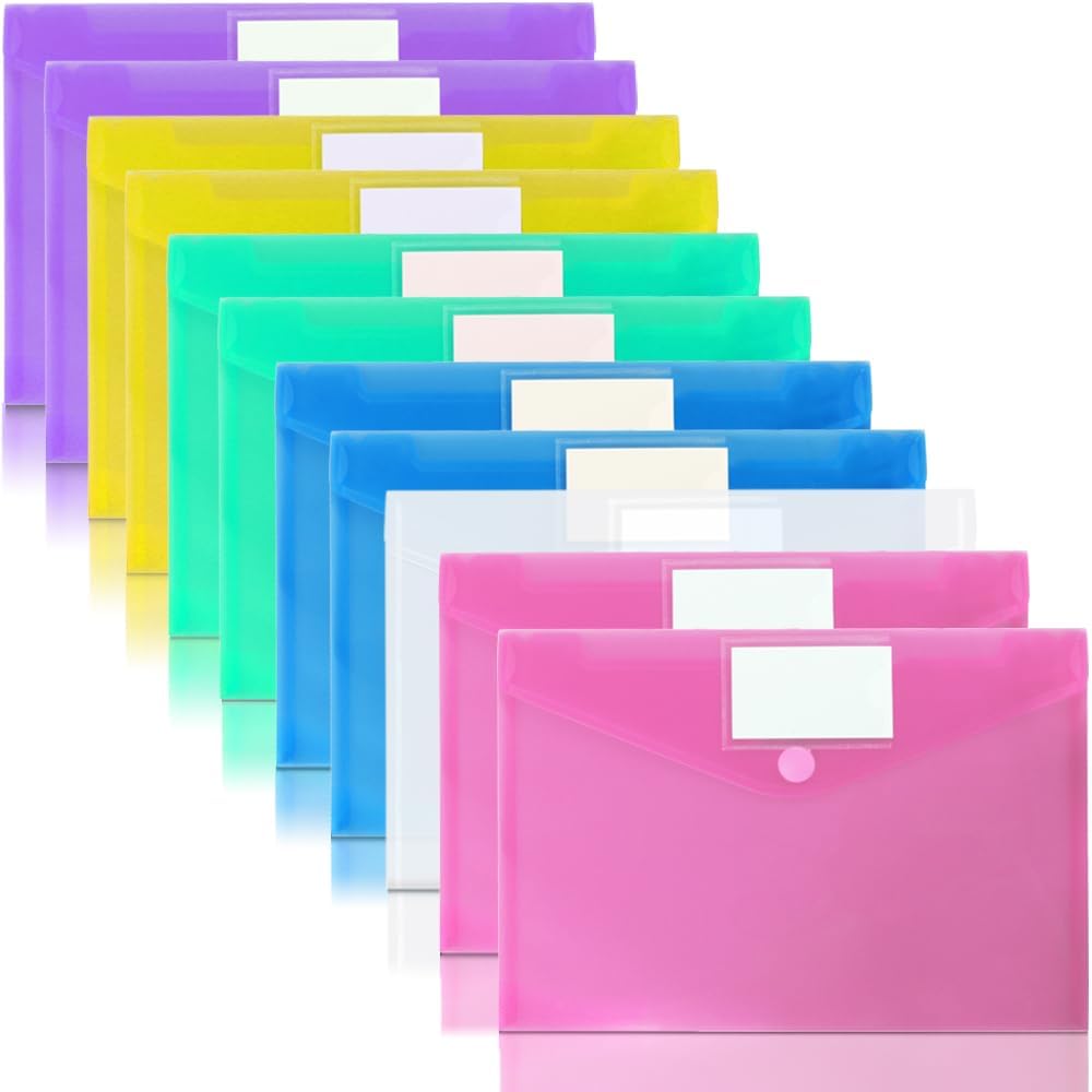 11 Pack Plastic Poly Filing Envelopes, Clear Document Folders US Letter A4 Size File Envelopes with Label Pocket & Paste Button for School Home Work