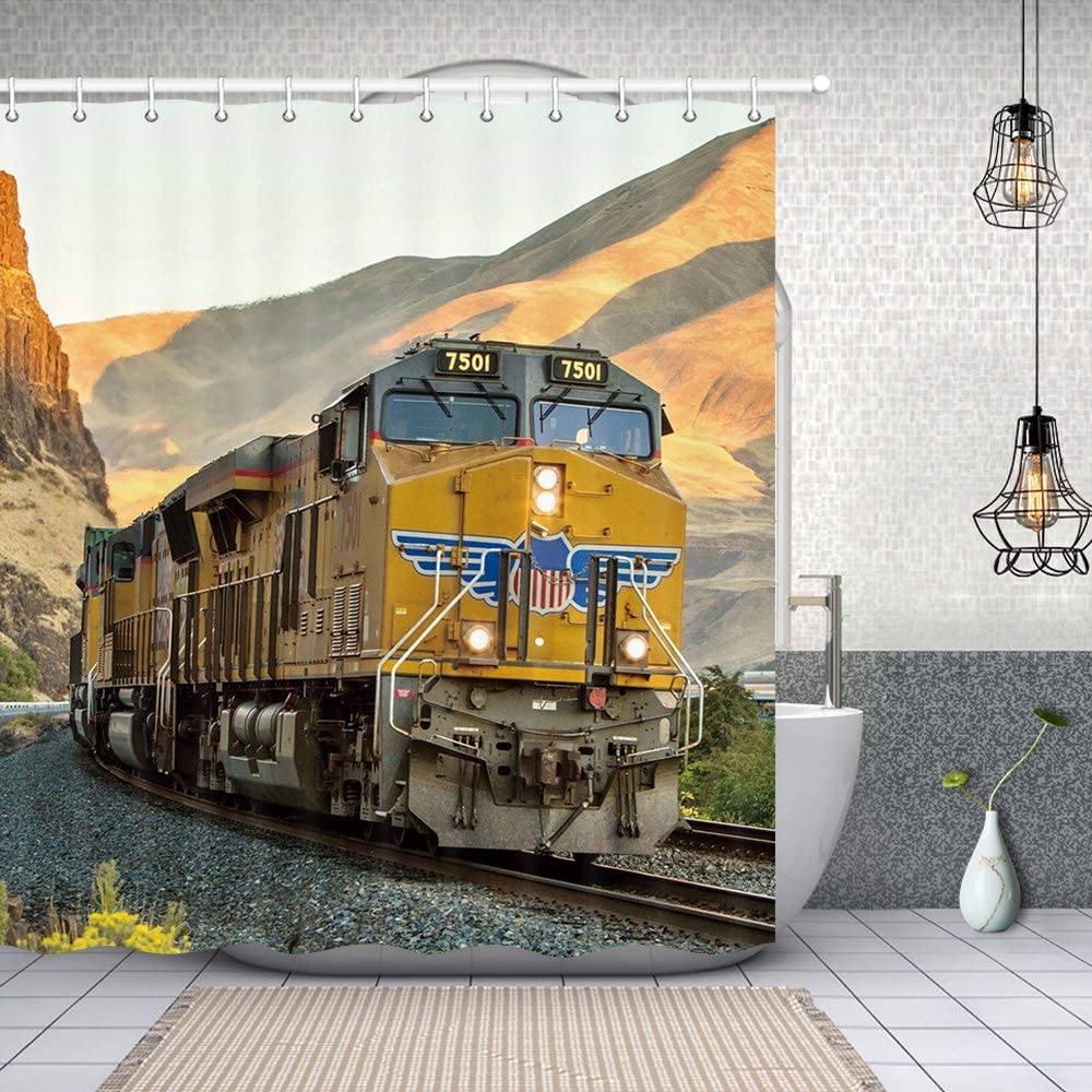 Vintage Industrial Steam Engine Shower Curtain Antique Old Times Locomotive On Rail Road Retrotrain Station Bathroom Curtain
