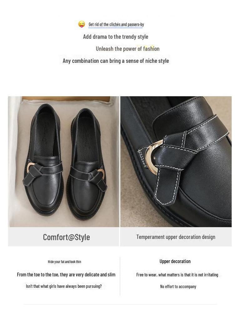 Women's British Style Black Genuine Leather Loafers - Autumn 2025 Soft Sole, Comfortable Mid-Heel, Flat Toe