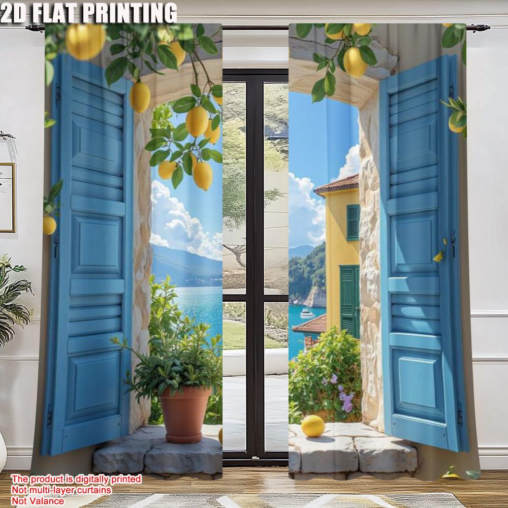 2pcs   spring summer Curtains Mediterranean View Lemon Open Sheer Curtains Versatile Polyester Fabric Decorations For Home Use