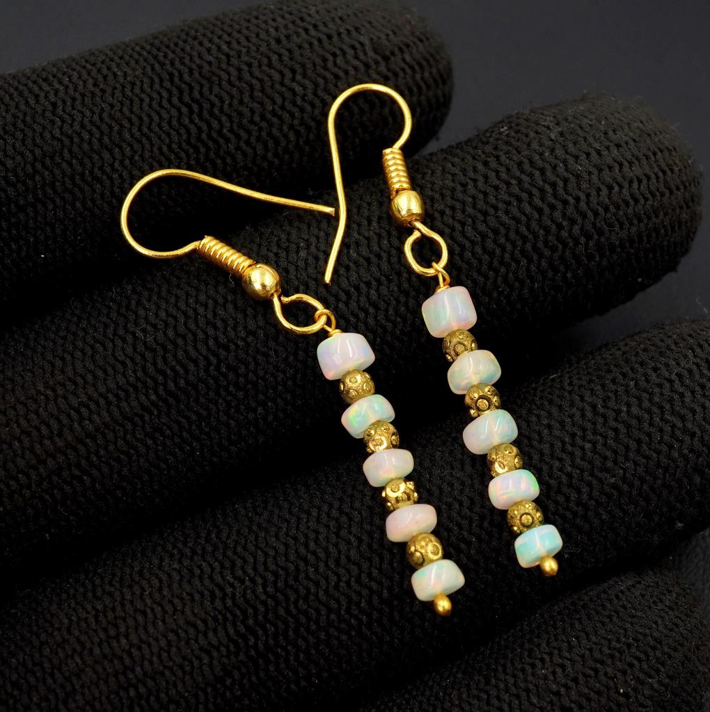 Welo Opal Bead Earrings, 925 Silver & 14k Gold, Ethiopian Gemstone