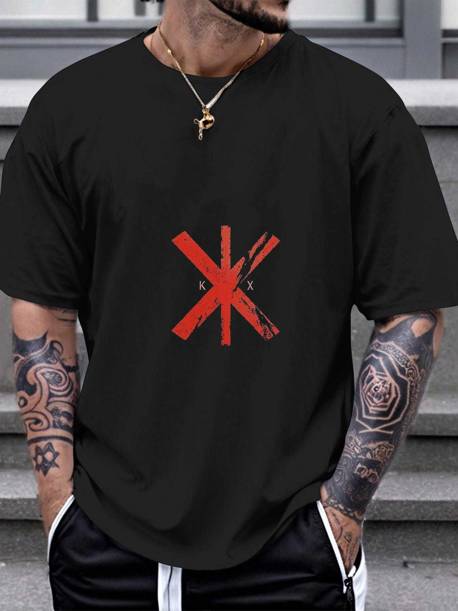 1pc Rock Band Logo Graphic T-shirt - Red & Black Geometric Print M