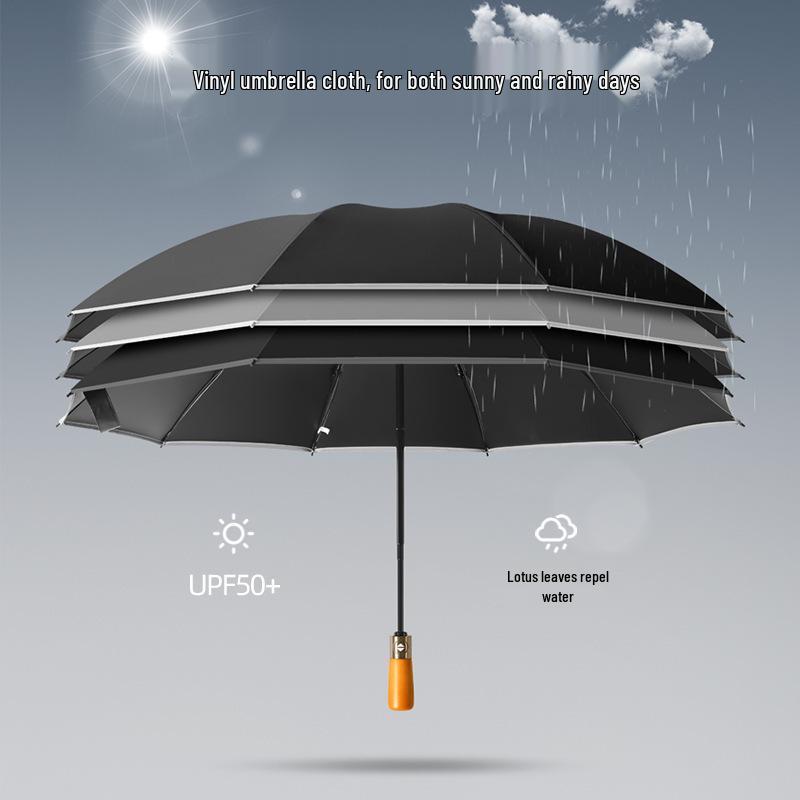 Automatic Windproof Umbrella: UV Protection, Large Folding Design, Wooden Handle for Sun and Rain