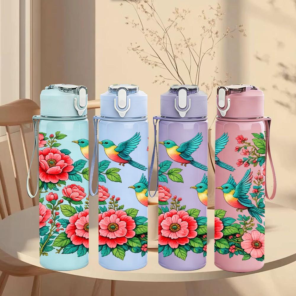1PC Red Rose Bird Floral 750ml Color Plastic Sports Water Bottle Leakproof Flip Straw Lid Suitable for Sports Office Home Use