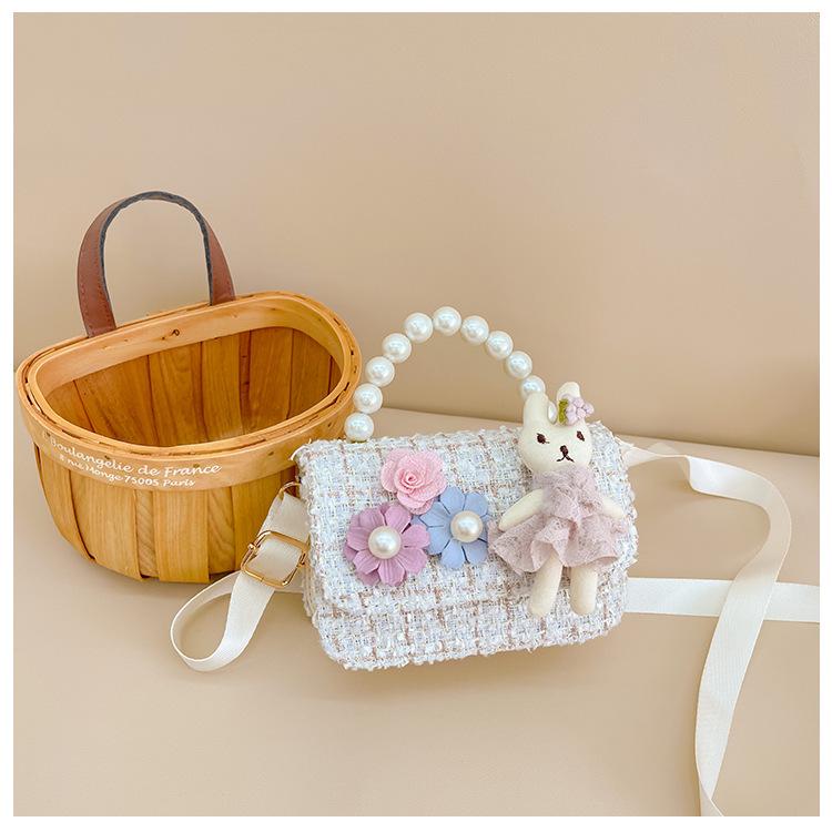 New Girls' Pearl Tweed Handbag: Trendy Little Flower Princess Crossbody Bag