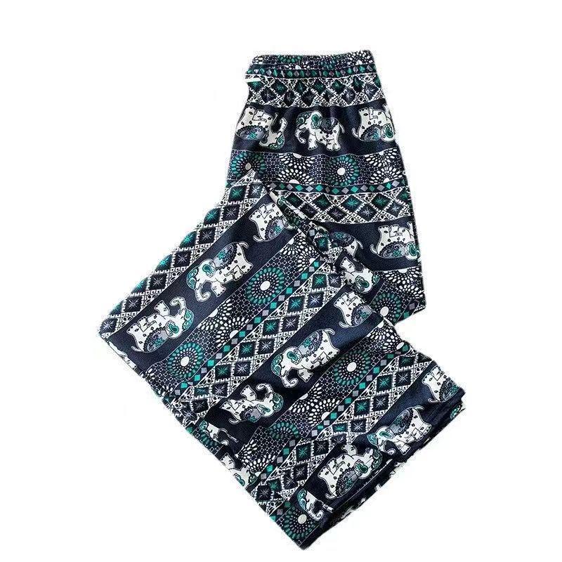 Women's Summer Bohemian Elephant Print Ice Silk Wide-Leg Yoga Pants