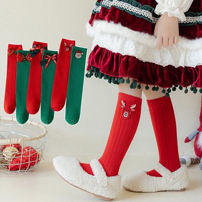 Children Long Socks Red Christmas Deer Santa Claus Kids Girls Princess New Year Autumn Winter Warm Leg Protection Socks