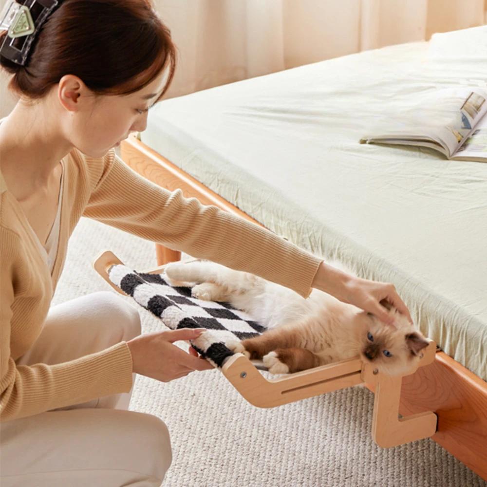 Cat Hammock Window Panel Hanging Bed Wooden Assembly Pet Mat Adjustable Snap-on Legs Window Panel Mounted Cats Hammock
