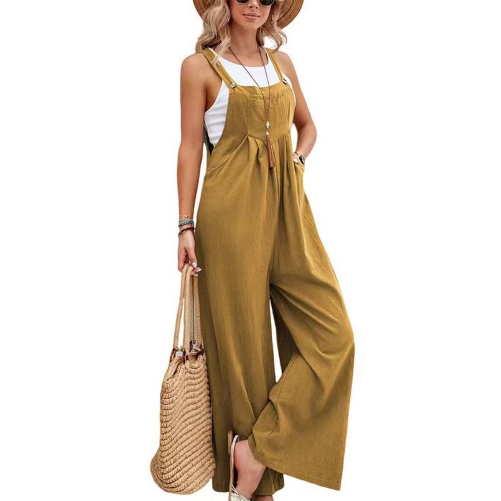 Women's Clothing, Solid Color Casual Overalls, Straight Leg, Comfortable Overalls, Mid Waist, Patchwork/spliced Pants