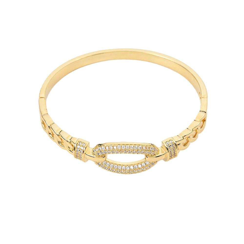 Copper-Plated Gold Oval Buckle Bracelet with Zircon Inlays - European and American Style, Elegant and Personalized. золотой