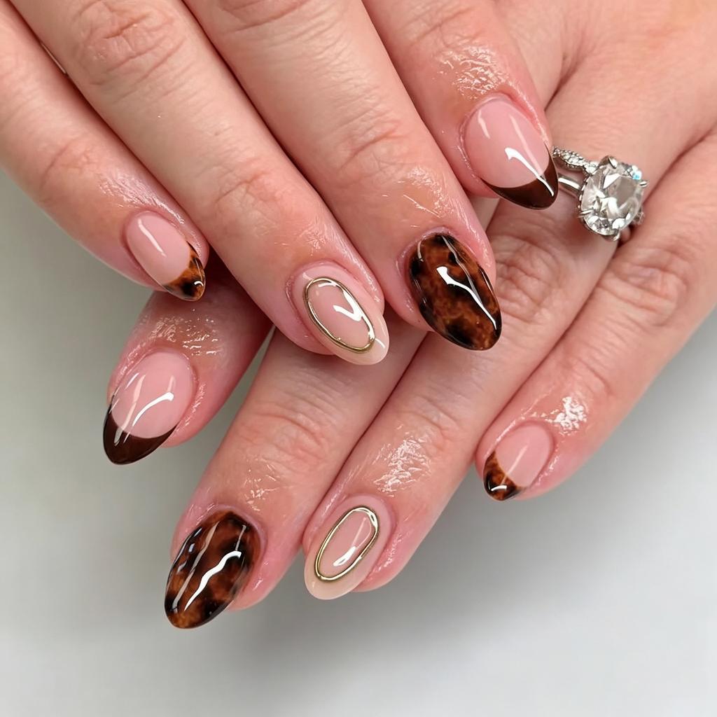 24 Piezas Otoño Lunares Prensa Francesa Uñas Postizas Cortas Almendra Puntas de Uñas Falsas Marrón Sólido Patrón de Cuadrícula Arte de Uñas Portátil