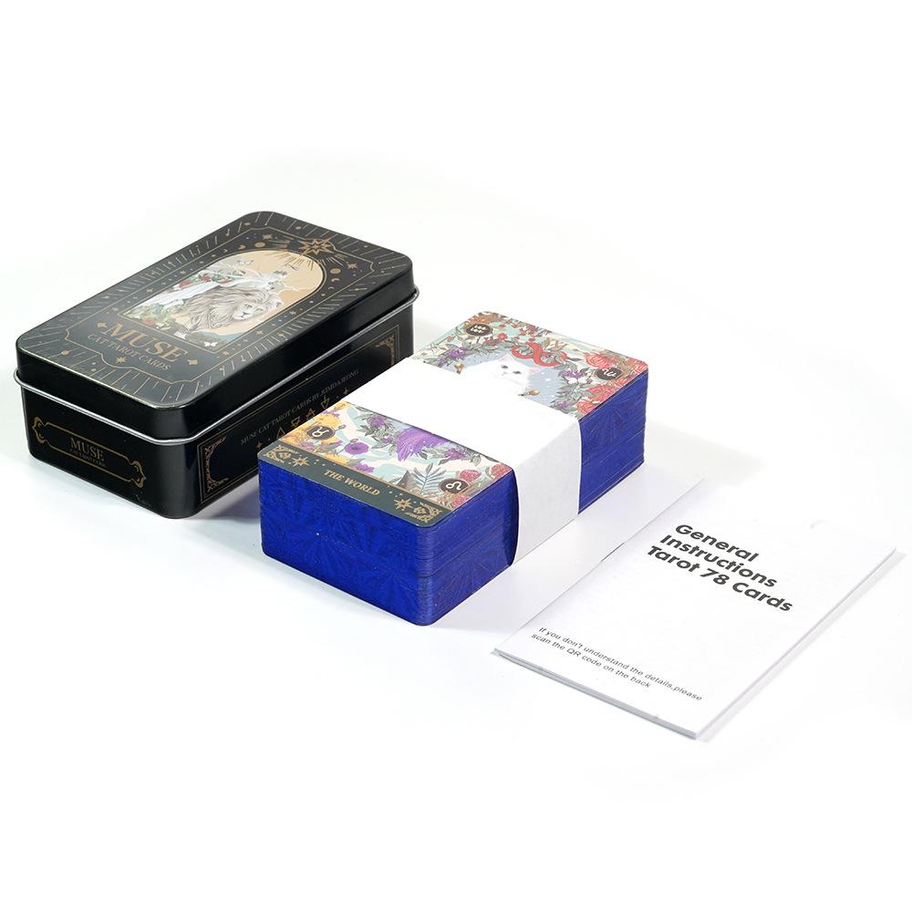 Muse Cat Tarot Deck In A Tin Box with Blue Gilded Edges 78 Pcs Cartoon Themed Tarot Cards 10.3*6cm with Guidebook for Beginners