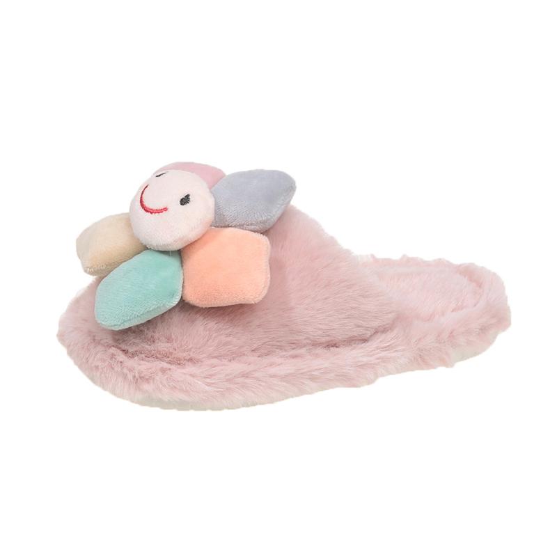 Cute Girls Winter Fur Slippers Fashion Flower Trend Kids Cotton Shoes Non-slip Soft Fluffy Versatile Children Warm Home Slippers