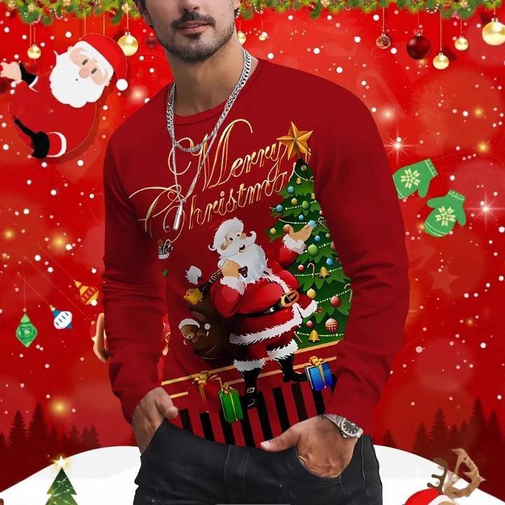 Men's Christmas 3D Printed Crew Neck Long Sleeve T-Shirt Fashion Versatile Trend Breathable Casual