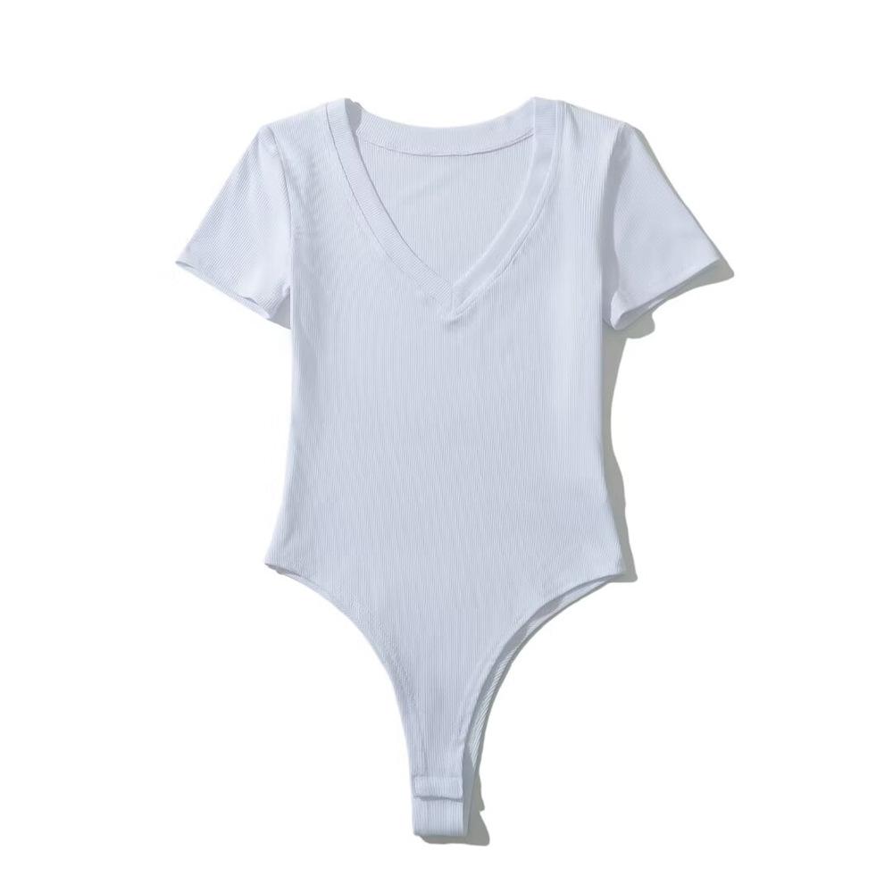 Trendy Women's V-Neck Short-Sleeve Open Crotch Bodysuit Jumpsuit