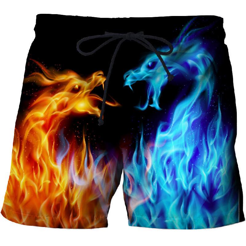 Men's 3D Flame Printed Summer Beach Shorts, Casual Sports Shorts
