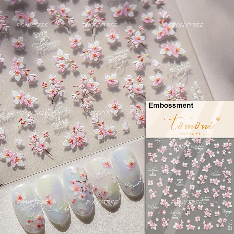 Flowers Blooming Cherry Blossom Sakura Living Peach Branch 5D Soft Relief Spring Adhesive Nail Art Sticker Chic Manicure Decals