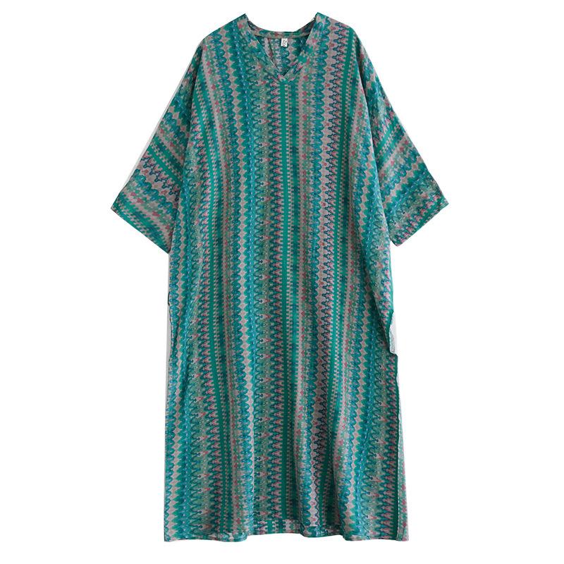 Early Spring Loose Casual Vacation Style V-neck Retro Mid Length Covered Cotton Linen Dress