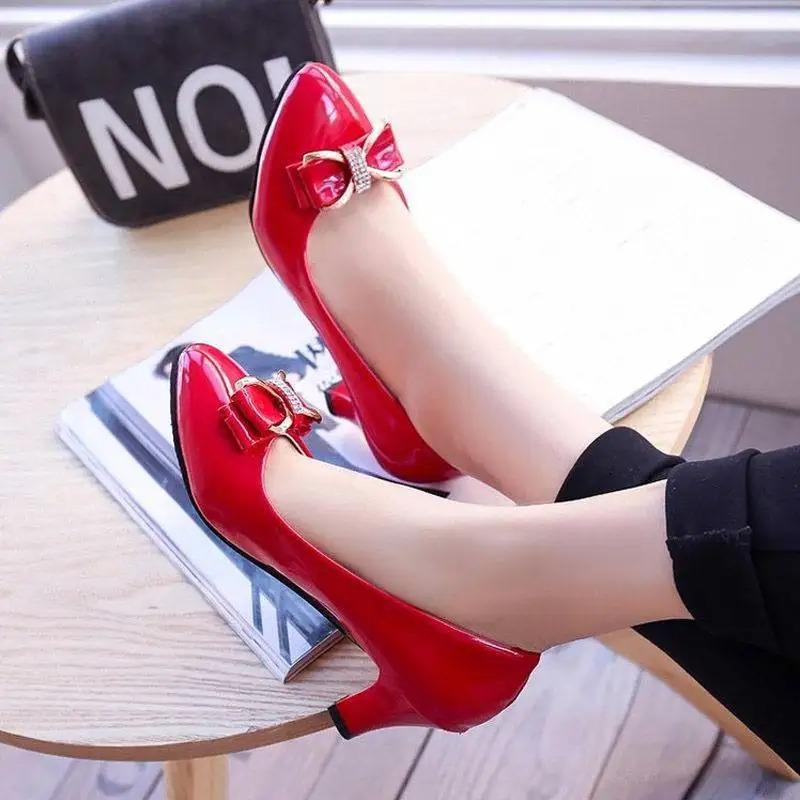 Women High Heels Low Heels Fashion Bow Patent Professional Work Casual Shoe Wedding Party Shoes
