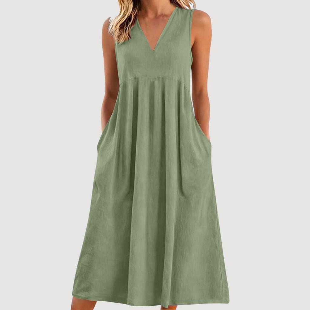 Europäisch-Amerikanisches Retro V-Ausschnitt Ärmelloses Baumwoll-Leinen Taschenkleid - Lässige, Lockere Damen Frühling/Sommer Mode.