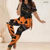 Completo Due Pezzi Pantaloni Donna Taglie Forti Girocollo Manica Corta Halloween Gatto Nero Zucca Stampato