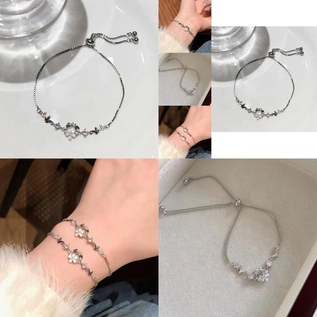 Minimalist Women's Silver Bracelet With Delicate Flower And Butterfly Elements