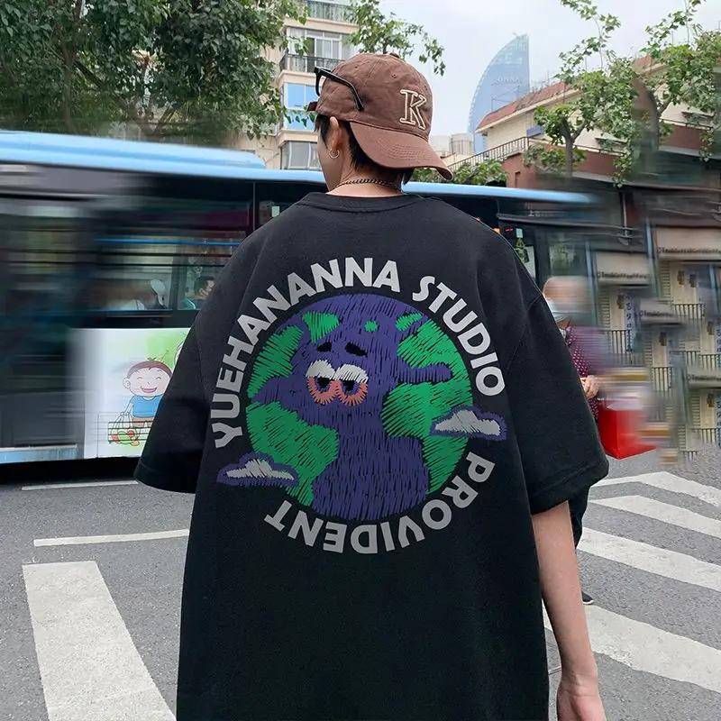 

Pure cotton T-shirt men s new loose oversize short top summer tight Hong Kong style round neck American ins short sleeves tops 4XL