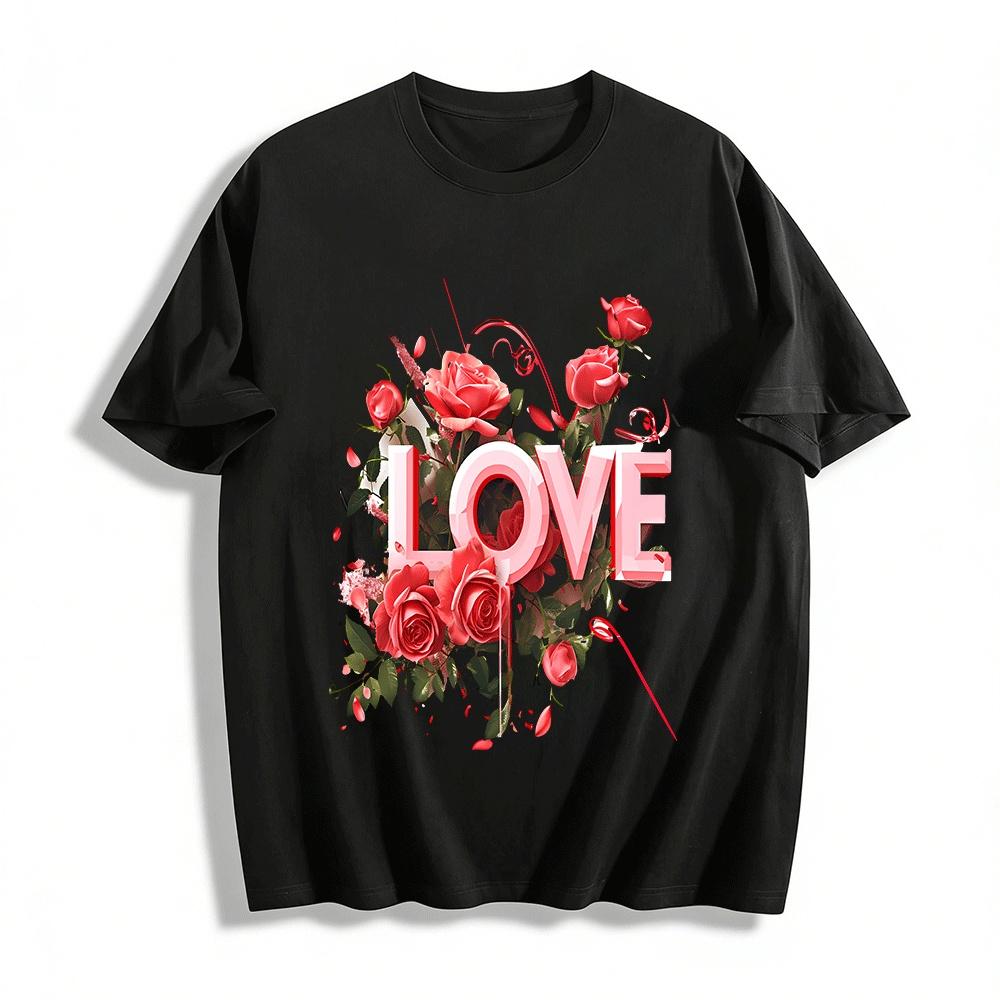 

Love Rose Print Couple Style Casual Crew Neck Short Sleeve T-Shirt Pure cotton T-shirt XXS