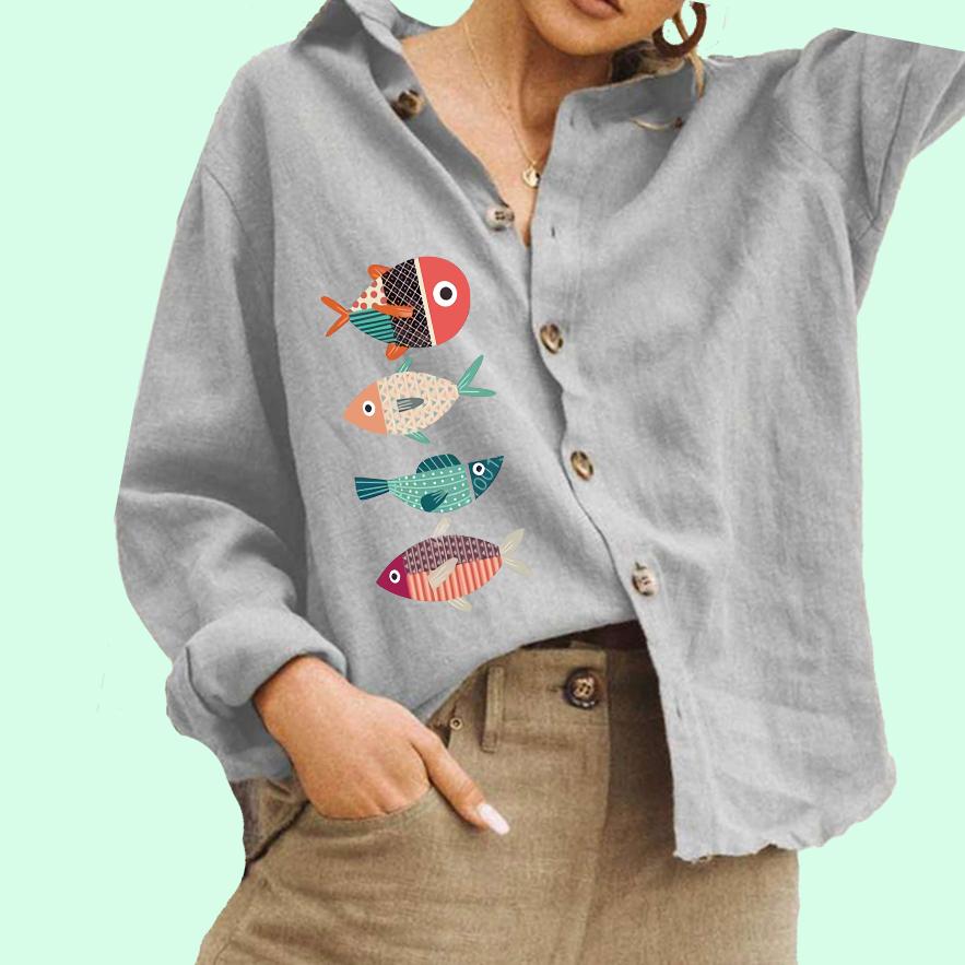 Dame Mote Knapped Skjorte Casual Bomull Lin Topp Damer Fisketrykk Bluse