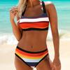 2 ks/sada Dámská sada bikin Barevný pruhovaný potisk U krku Kontrastní barva Plavky Oblečení na vodní sporty